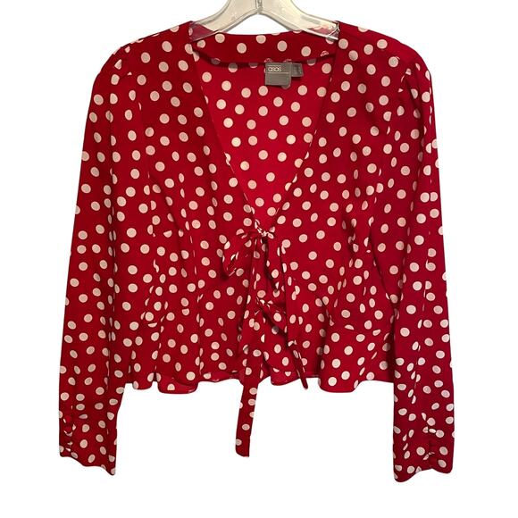 ASOS Design Polka Dot Cropped Top Womens Size 6 Red White Tie Front Blouse - Picture 2 of 11